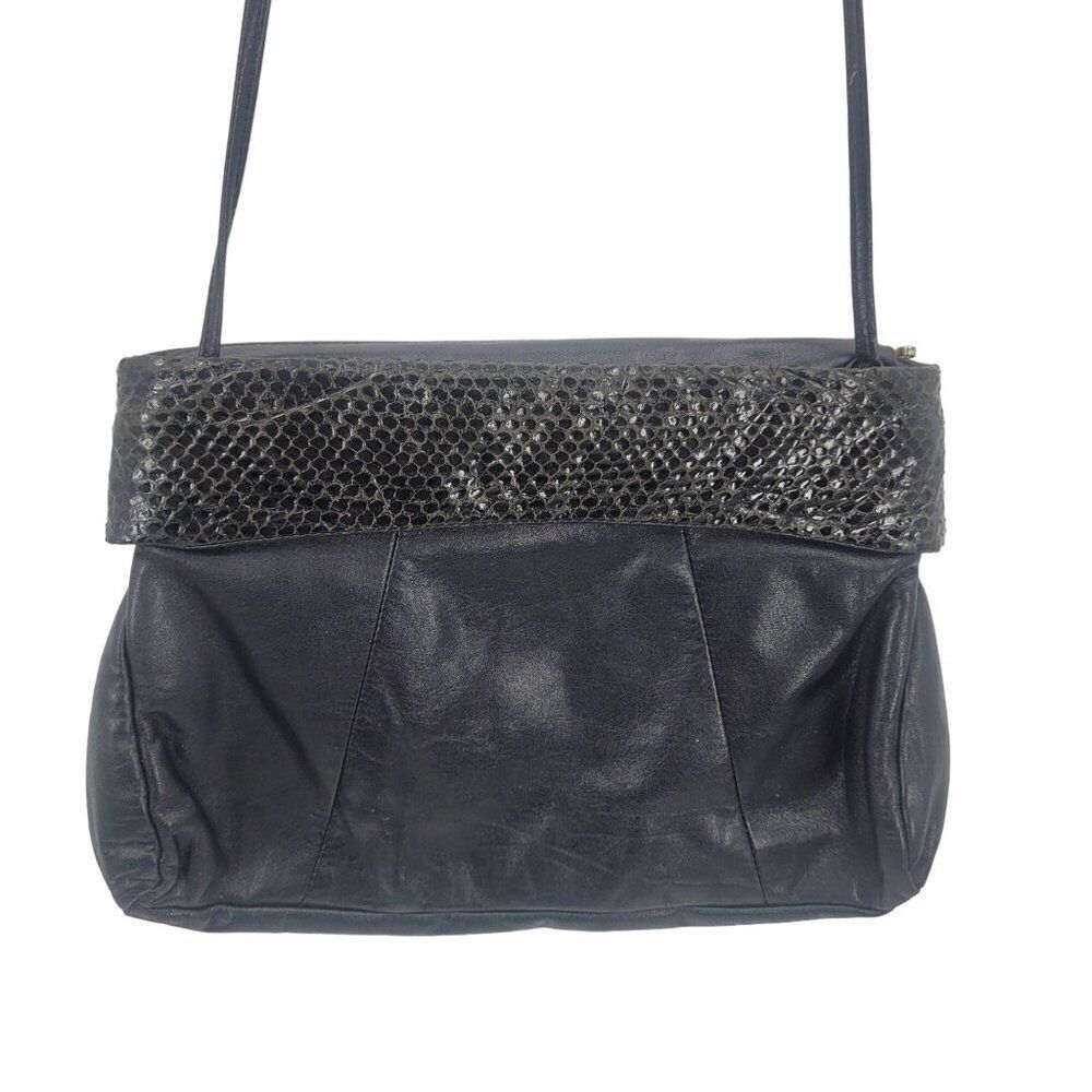 Vintage 80s Black Genuine Leather‎ Snakeskin Embossed Crossbody Bag Formal Glam